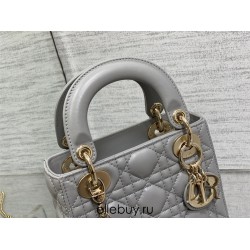 Lady Dior Mini Bag, 17, Grey Lambskin, Champagne Gold Hardware, Size: 17cm