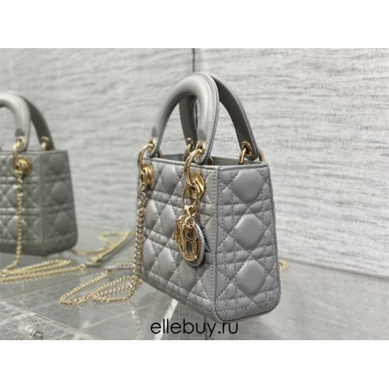 Lady Dior Mini Bag, 17, Grey Lambskin, Champagne Gold Hardware, Size: 17cm