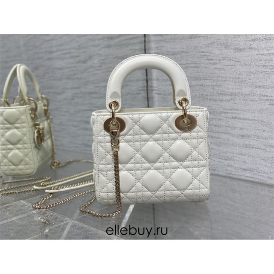 Lady Dior Mini Bag, 17, White Lambskin, Champagne Gold Hardware, Size: 17cm