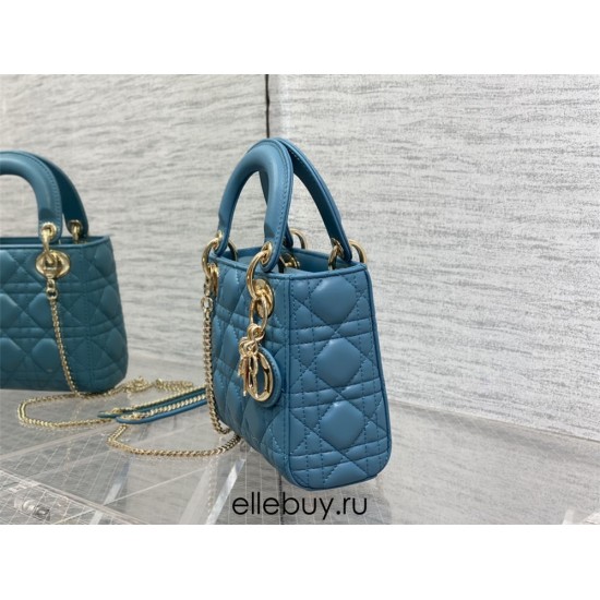 Lady Dior Mini Bag, 17, Blue Lambskin, Champagne Gold Hardware, Size: 17cm