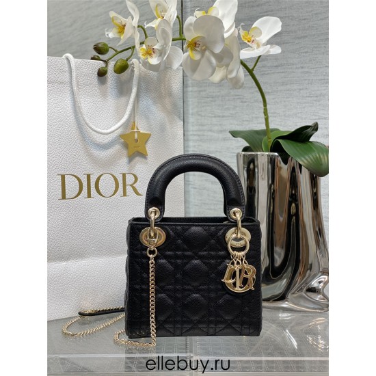 Lady Dior Mini Bag, 17, Black, Silver Hardware, Grained Calfskin, Size: 17cm