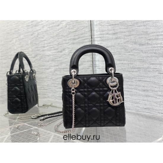 Lady Dior Mini Bag, 17, Black, Silver Hardware, Grained Calfskin, Size: 17cm