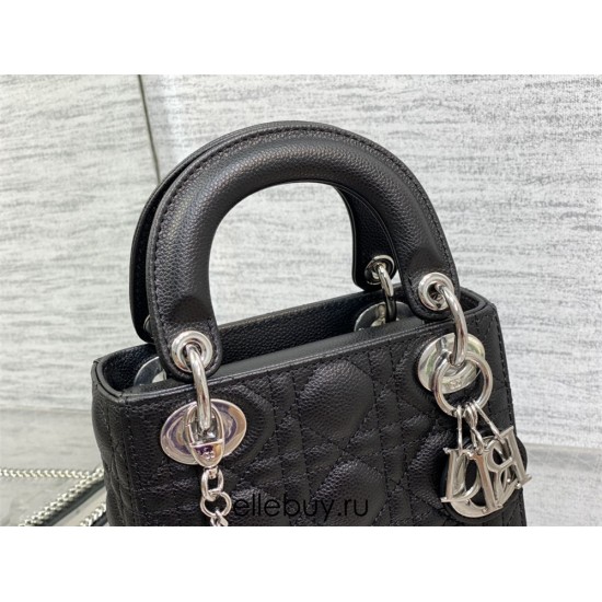 Lady Dior Mini Bag, 17, Black, Silver Hardware, Grained Calfskin, Size: 17cm