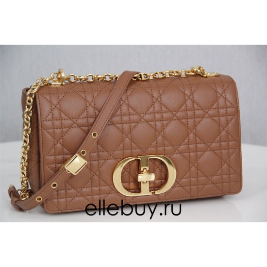 Dior Caro Chain Bag, Brown, Gold Hardware, Calfskin, Medium 25, Size: 25.5x15.5x8cm