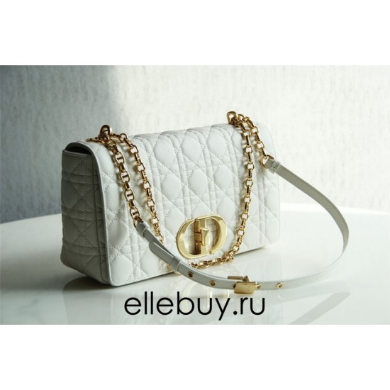 Dior Caro Chain Bag, White, Gold Hardware, Calfskin, Medium 25, Size: 25.5x15.5x8cm