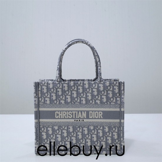 Dior Book Tote, Classic Grey Oblique Embroidery, Small 26, Size: 26.5x21x14cm