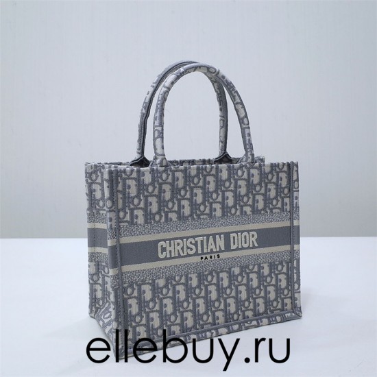 Dior Book Tote, Classic Grey Oblique Embroidery, Small 26, Size: 26.5x21x14cm