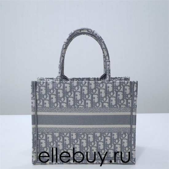 Dior Book Tote, Classic Grey Oblique Embroidery, Small 26, Size: 26.5x21x14cm