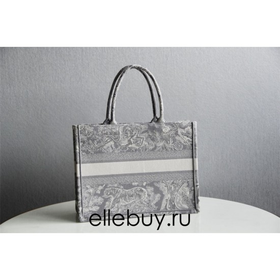 Dior Book Tote, Classic Grey Zoo Oblique Embroidery, Medium 36, Size: 36x27x16cm