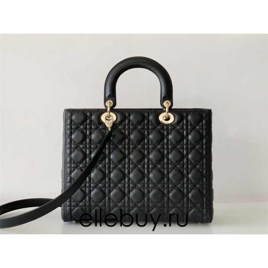 Lady Dior Bag, 7-Compartment, Black Lambskin, Gold Hardware, Sheepskin Material, Size: 32x25x11cm