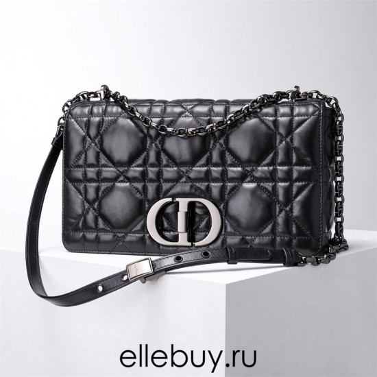 Dior Caro Calfskin, Black, Deep Silver Hardware, Large (28x17x9cm)