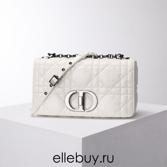 Dior Caro Calfskin, White, Deep Silver Hardware, Medium (25.5x15.5x8cm)