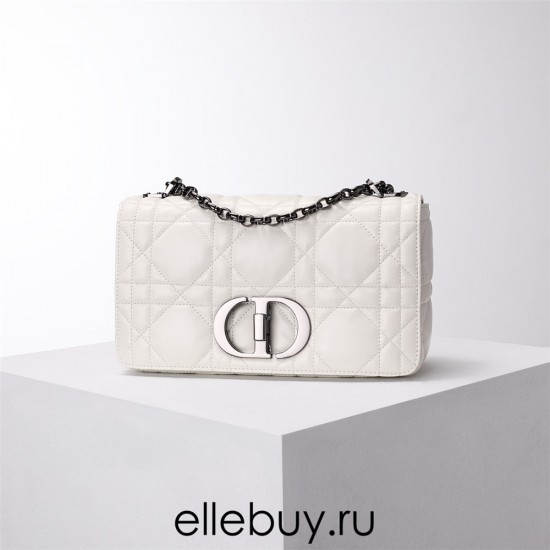 Dior Caro Calfskin, White, Deep Silver Hardware, Medium (25.5x15.5x8cm)