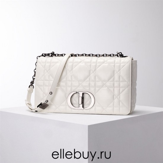 Dior Caro Calfskin, White, Deep Silver Hardware, Large (28x17x9cm)