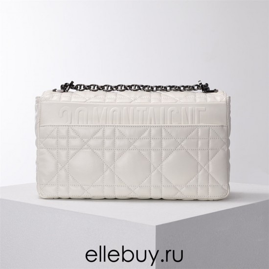 Dior Caro Calfskin, White, Deep Silver Hardware, Large (28x17x9cm)