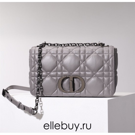 Dior Caro Calfskin, Gray, Deep Silver Hardware, Medium (25.5x15.5x8cm)