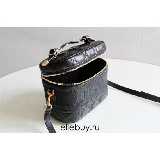 Dior Makeup Bag, Full Leather, Black, Gold Hardware, Vanity Box (Style: 9012), Size: 18.5x13x10.5cm