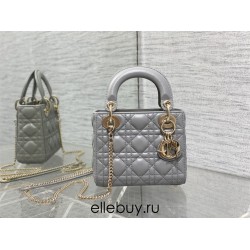 Lady Dior Mini 17cm, Three Blocks, Lambskin, Gray, Champagne Gold Hardware