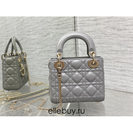 Lady Dior Mini 17cm, Three Blocks, Lambskin, Gray, Champagne Gold Hardware