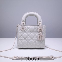 Lady Dior Mini 17cm, Three Blocks, Lambskin, Lady Matte White Pearl, White Matte Hardware