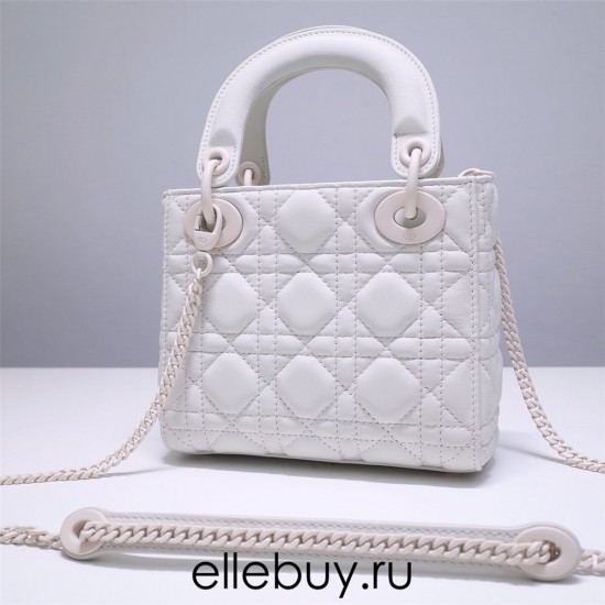 Lady Dior Mini 17cm, Three Blocks, Lambskin, Lady Matte White Pearl, White Matte Hardware