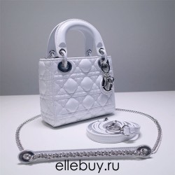 Lady Dior Mini 17cm, Three Blocks, Lambskin, White, Silver Hardware