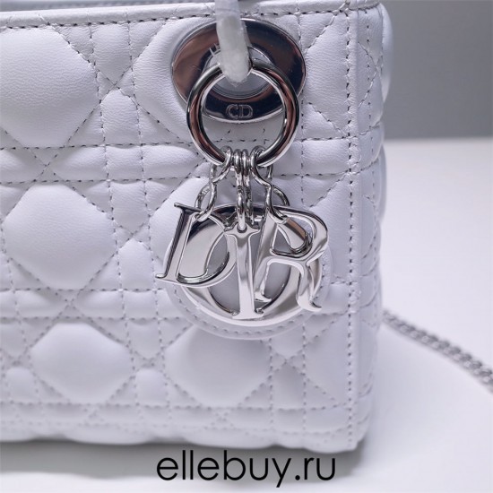 Lady Dior Mini 17cm, Three Blocks, Lambskin, White, Silver Hardware