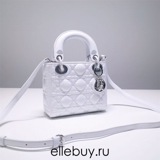 Lady Dior Mini 17cm, Three Blocks, Lambskin, White, Silver Hardware