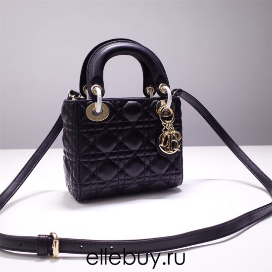 Lady Dior Mini 17cm, Three Blocks, Lambskin, Black, Champagne Gold Hardware