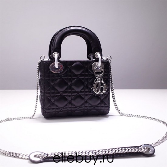 Lady Dior Mini 17cm, Three Blocks, Lambskin, Black, Silver Hardware