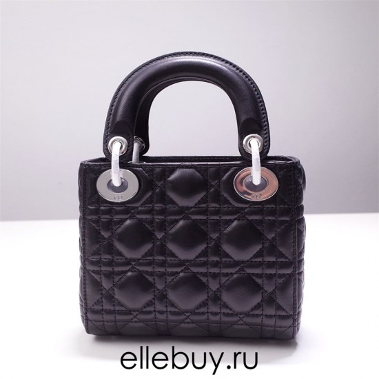 Lady Dior Mini 17cm, Three Blocks, Lambskin, Black, Silver Hardware