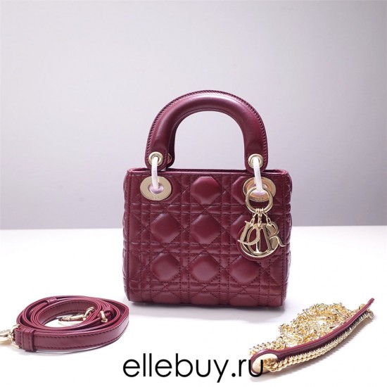 Lady Dior Mini 17cm, Three Blocks, Lambskin, Red, Champagne Gold Hardware