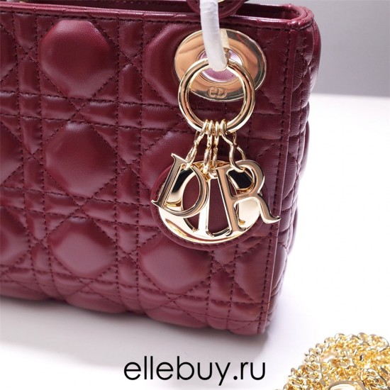 Lady Dior Mini 17cm, Three Blocks, Lambskin, Red, Champagne Gold Hardware