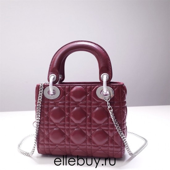 Lady Dior Mini 17cm, Three Blocks, Lambskin, Red, Silver Hardware