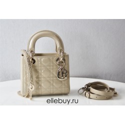 Lady Dior Mini 17cm, Three Blocks, Patent Leather, Light Yellow, Champagne Gold Hardware