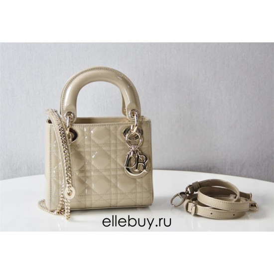 Lady Dior Mini 17cm, Three Blocks, Patent Leather, Light Yellow, Champagne Gold Hardware