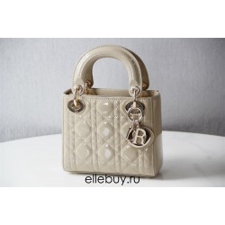 Lady Dior Mini 17cm, Three Blocks, Patent Leather, Light Yellow, Champagne Gold Hardware