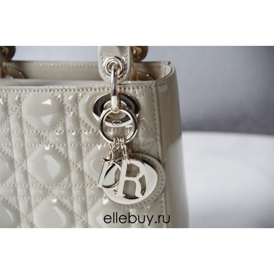 Lady Dior Mini 17cm, Three Blocks, Patent Leather, Light Yellow, Champagne Gold Hardware