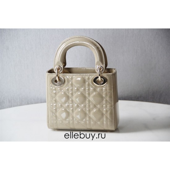 Lady Dior Mini 17cm, Three Blocks, Patent Leather, Light Yellow, Champagne Gold Hardware