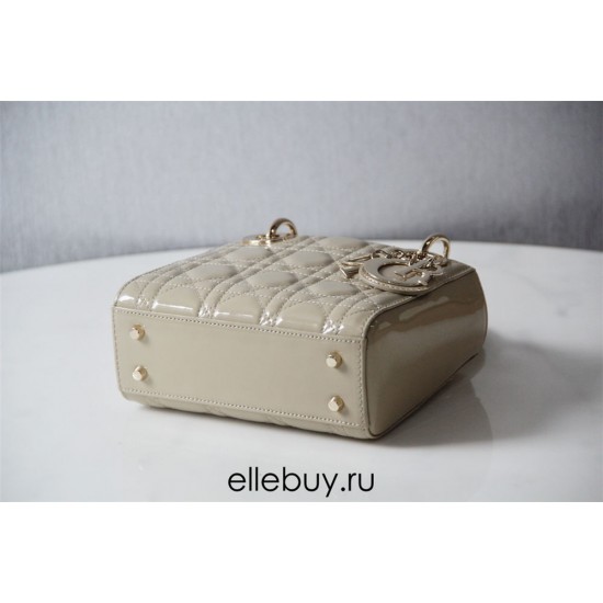 Lady Dior Mini 17cm, Three Blocks, Patent Leather, Light Yellow, Champagne Gold Hardware