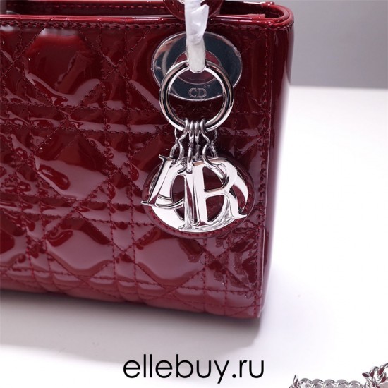 Lady Dior Mini 17cm, Three Blocks, Patent Leather, Red, Champagne Gold Hardware