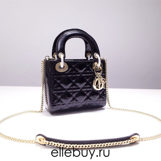 Lady Dior Mini 17cm, Three Blocks, Patent Leather, Black, Champagne Gold Hardware