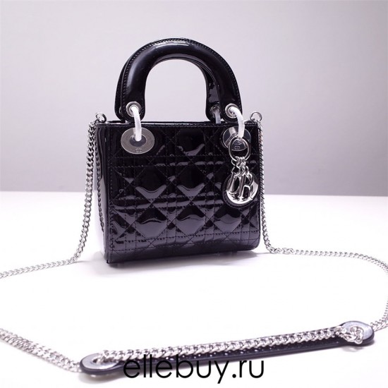 Lady Dior Mini 17cm, Three Blocks, Patent Leather, Black, Silver Hardware