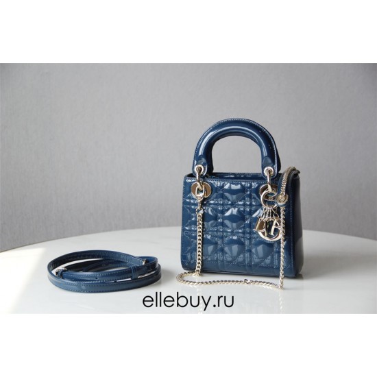 Lady Dior Mini 17cm, Three Blocks, Patent Leather, Blue, Champagne Gold Hardware