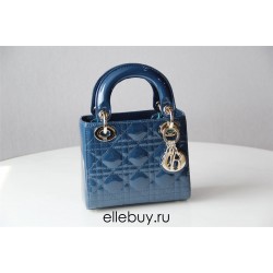 Lady Dior Mini 17cm, Three Blocks, Patent Leather, Blue, Champagne Gold Hardware