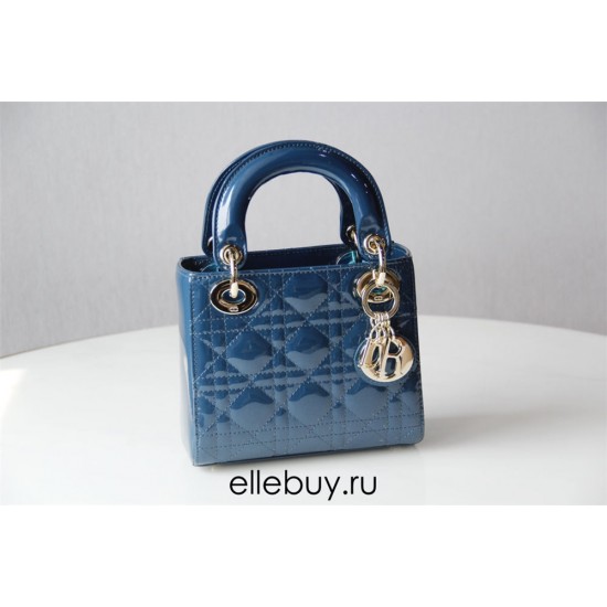 Lady Dior Mini 17cm, Three Blocks, Patent Leather, Blue, Champagne Gold Hardware