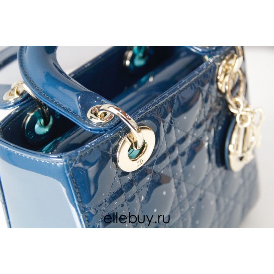 Lady Dior Mini 17cm, Three Blocks, Patent Leather, Blue, Champagne Gold Hardware