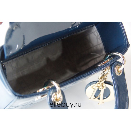 Lady Dior Mini 17cm, Three Blocks, Patent Leather, Blue, Champagne Gold Hardware