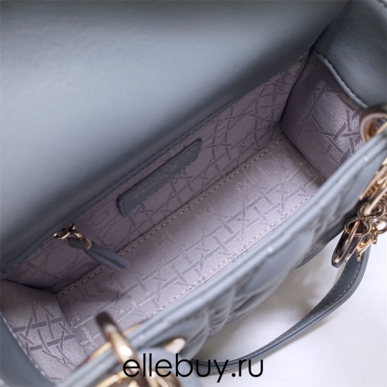 Lady Dior Mini 17cm, Three Blocks, Lambskin, Light Blue, Champagne Gold Hardware