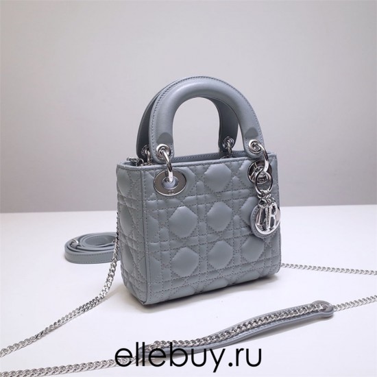 Lady Dior Mini 17cm, Three Blocks, Lambskin, Light Blue, Silver Hardware